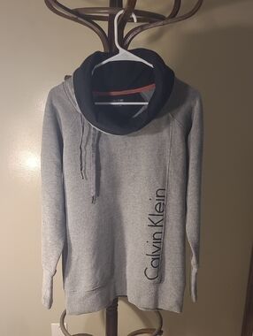 Calvin Klein Light Gray Sweatshirt with Black Funnel Collar